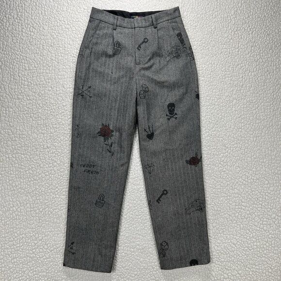 Teddy Fresh Wool Blend Doodle Pants 28x29 Gray Herringbone Streetwear Art Indie - Picture 2 of 13